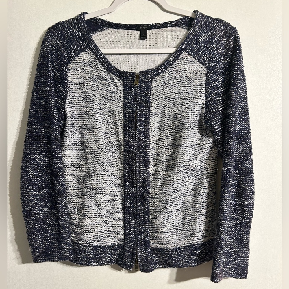 J.Crew Blue Gray Colorblock Indigo Blue BoucleTweed Zippered Sweater Jacket S